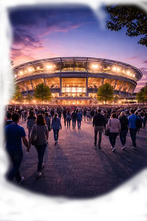 Staff member using tablet and card terminal at a stadium concourse