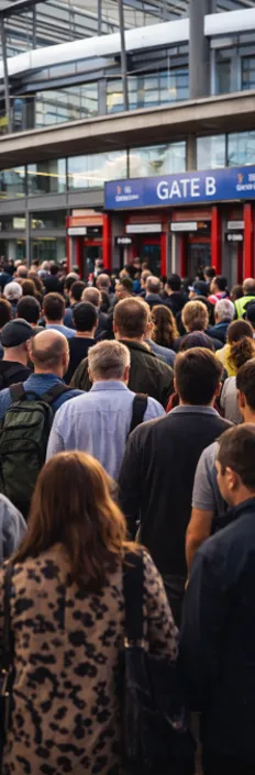 Crowds entering a stadium concourse during a live sports event